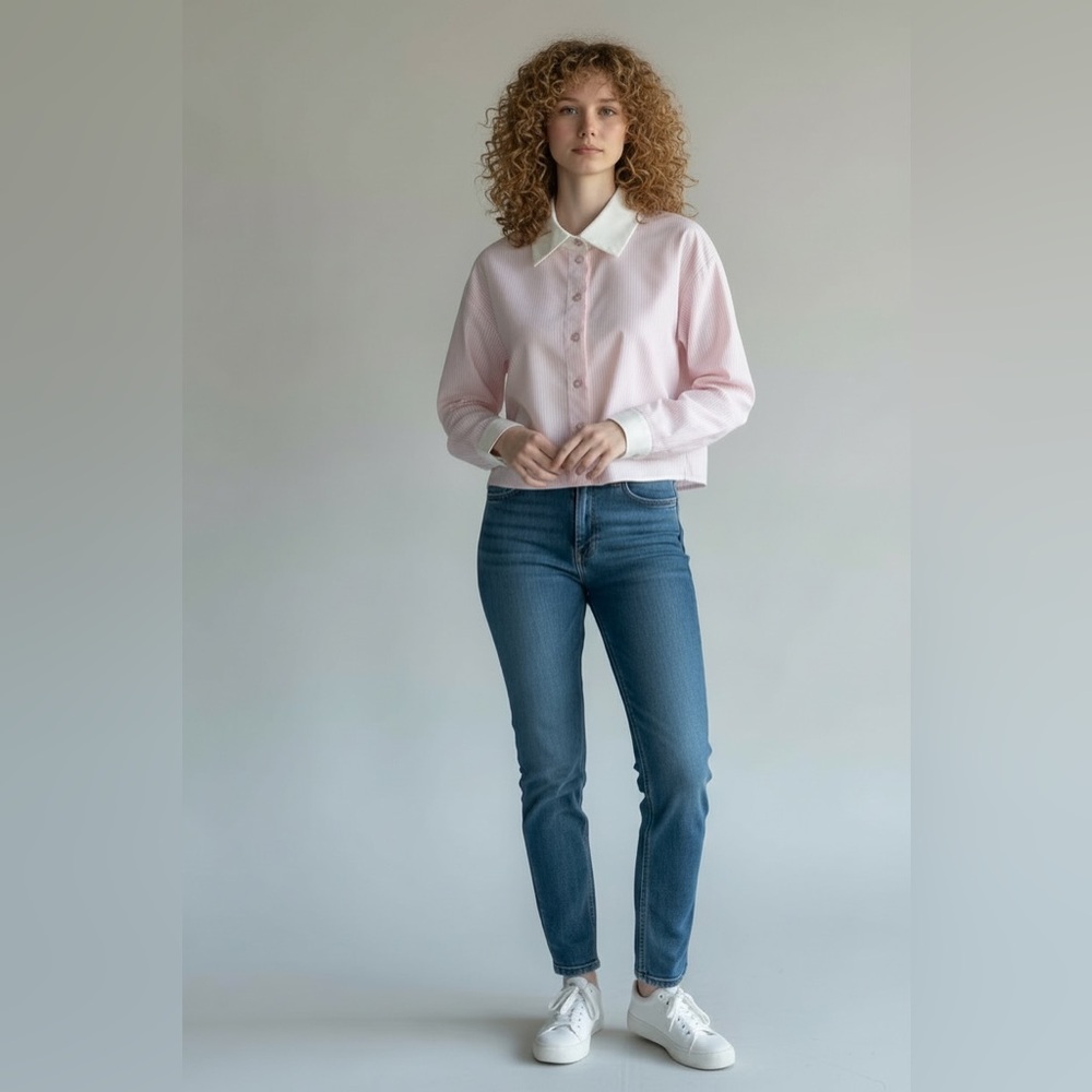 Creamvilla Classic and chic cropped white and pink striped button down shirt